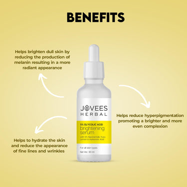 Jovees Herbal 5% Glycolic Acid Brightening Serum With 5% Niacinamide Yuzu Lemon & Hyaluronic Acid | Improves Skin Texture & Uneven Skin | For All Skin Types | 30 ml